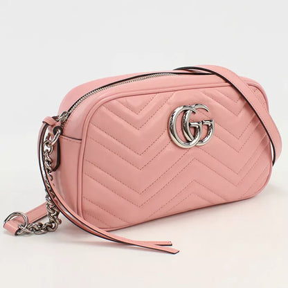 Auth GUCCI GG Marmont Diagonal Shoulder Bag In Pink Leather