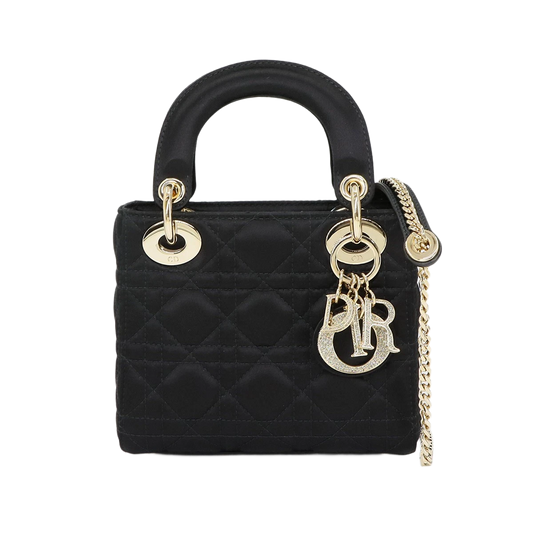 Christian Dior Lady Dior Mini in Black Satin with Rhinestone Details