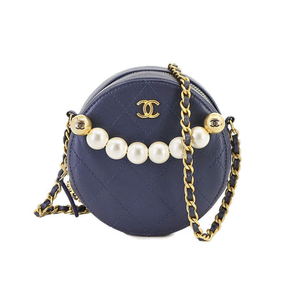 CHANEL Matelasse Round Chain Shoulder Bag Leather Navy Purse