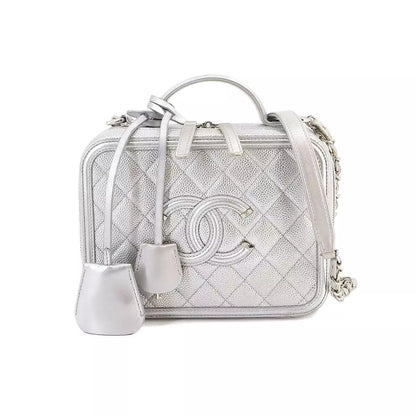 Auth CHANEL CC Filigree Vanity Shoulder Bag Caviar Skin Leather