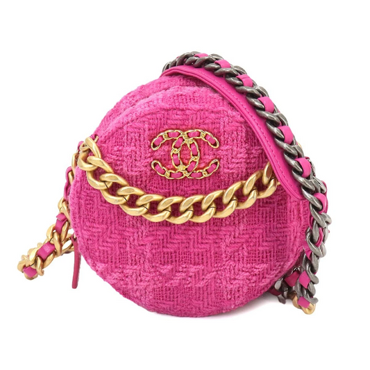 CHANEL 19 Round Clutch Chain Shoulder Bag Tweed Leather Pink