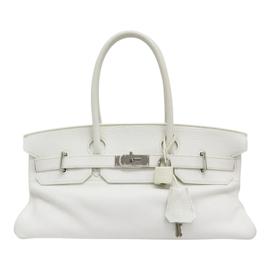 HERMES Birkin 42 Handbag Taurillon Clemence White Palladium Hardware J Stamp