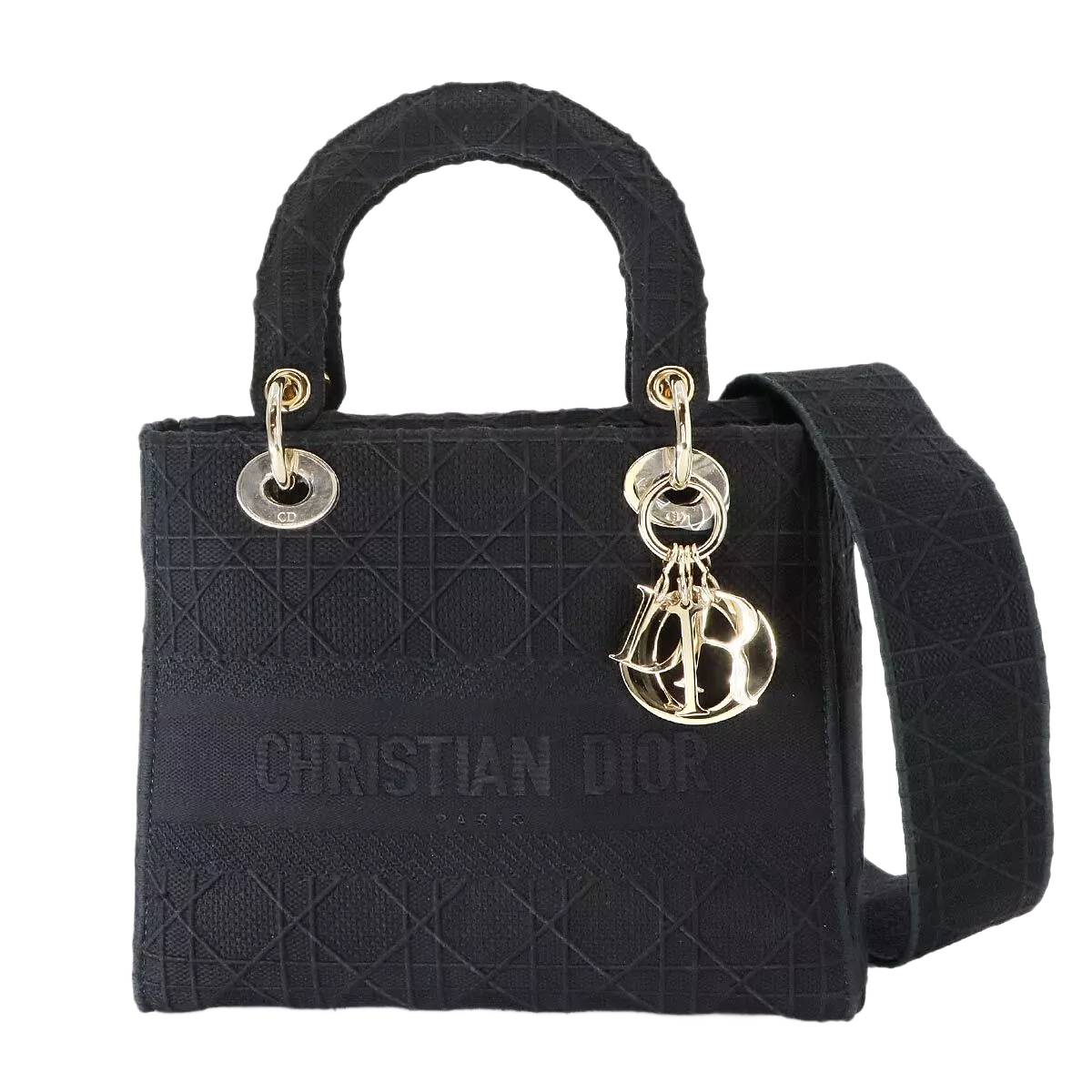 Christian Dior Lady D-Lite Medium Hand Shoulder Bag Canvas Black