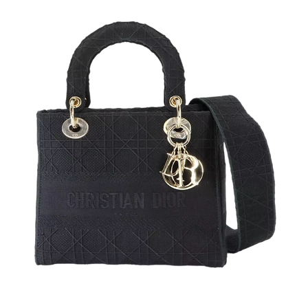 Christian Dior Lady D-Lite Medium Hand Shoulder Bag Canvas Black