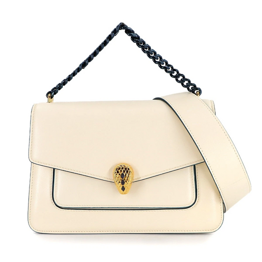 BVLGARI Serpenti Forever 2 Way Hand Chain Shoulder Bag Leather Ivory