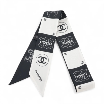 Chanel Coco Mark Logo Scarf Silk Black × White