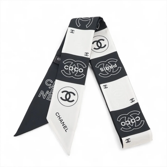 Chanel Coco Mark Logo Scarf Silk Black × White