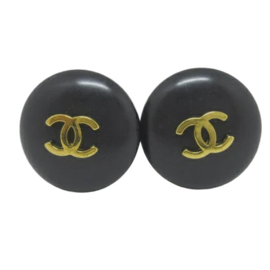 Chanel Vintage CC Logos Round Clip-On Earrings in Gold Tone & Black (95P)
