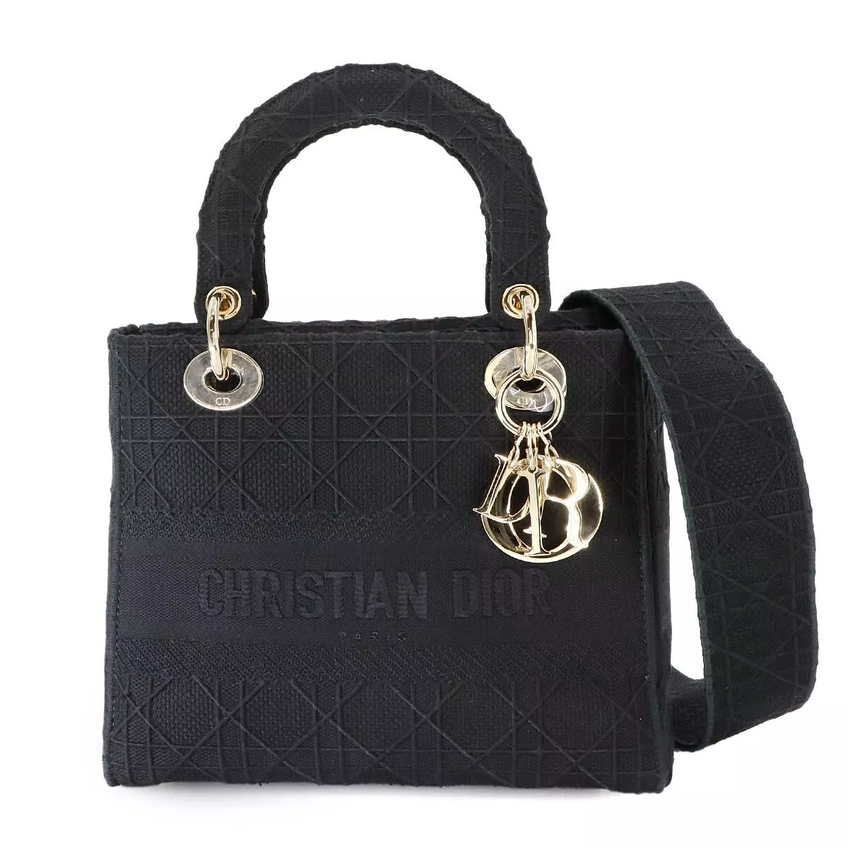 Christian Dior Lady D-Lite Medium Hand Shoulder Bag Canvas Black