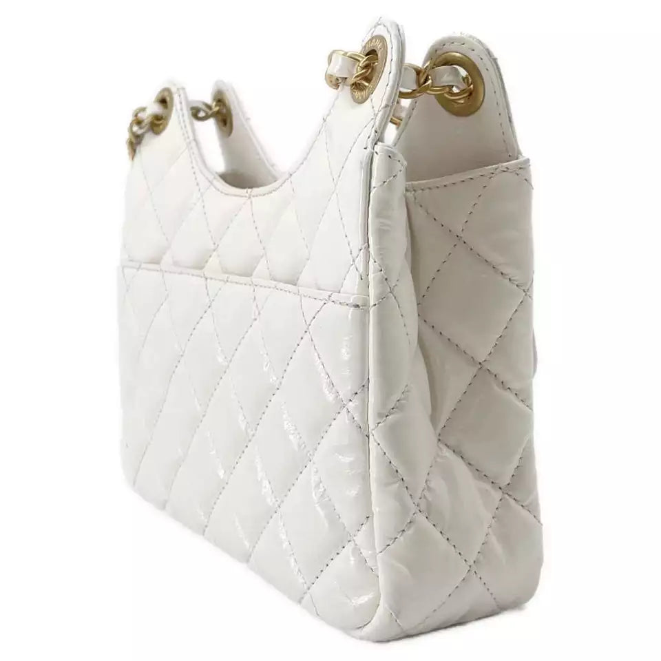 Authentic CHANEL Hobo Chain Shoulder Bag in White Shiny Calf Leather