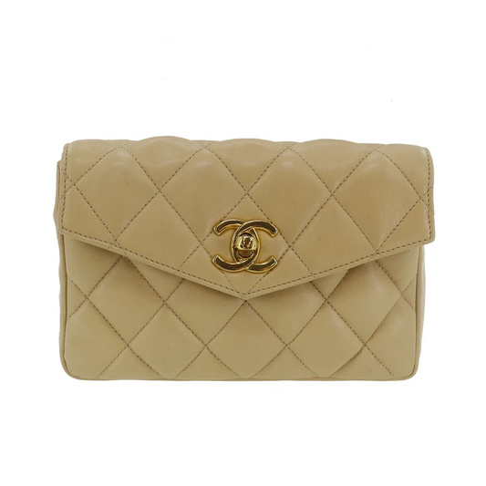 CHANEL Bum Bag Matelasse Beige Lambskin Used Belt Bag Leather