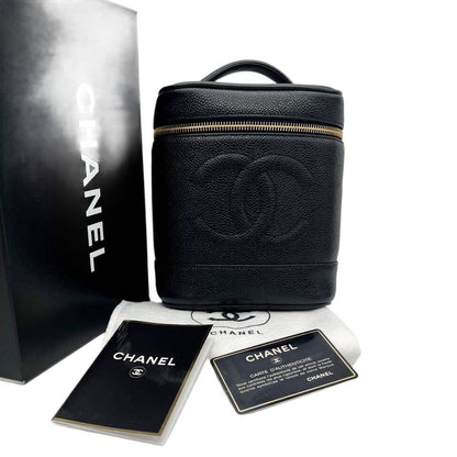 Auth CHANEL CC LOGO Vanity Bag Caviar Skin Leather Black Gold Vintage