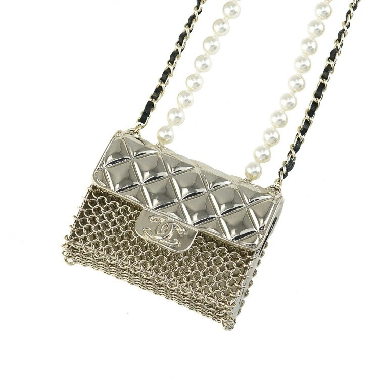 Chanel Matelasse Bag Necklace Faux Pearl Coco Mark Lambskin