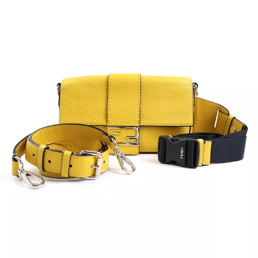 Auth FENDI Selleria Baguette Body Shoulder Bag Yellow Leather