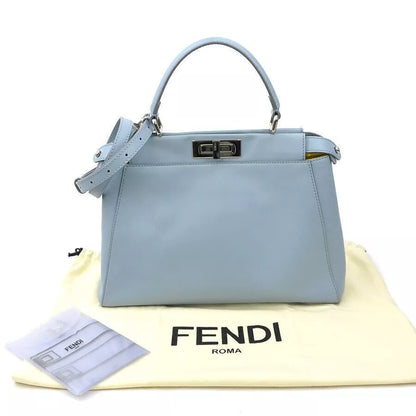 Auth FENDI Peekaboo Shoulder Bag Light Blue Leather/Silvertone