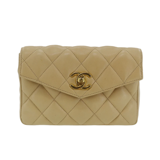 CHANEL Bum Bag Matelasse Beige Lambskin Used Belt Bag Leather