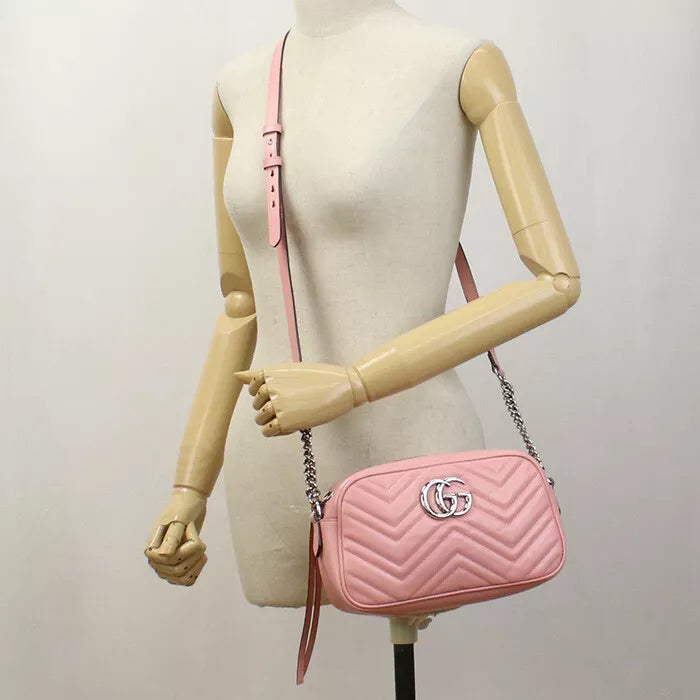 Auth GUCCI GG Marmont Diagonal Shoulder Bag In Pink Leather