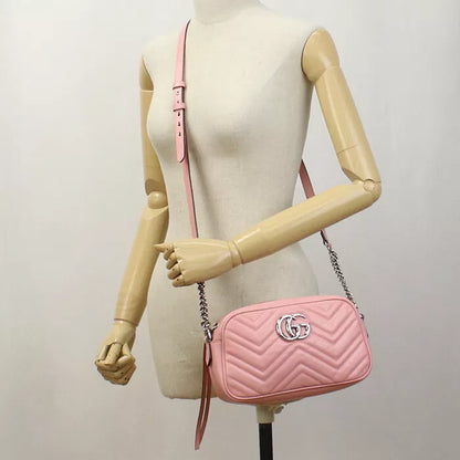 Auth GUCCI GG Marmont Diagonal Shoulder Bag In Pink Leather