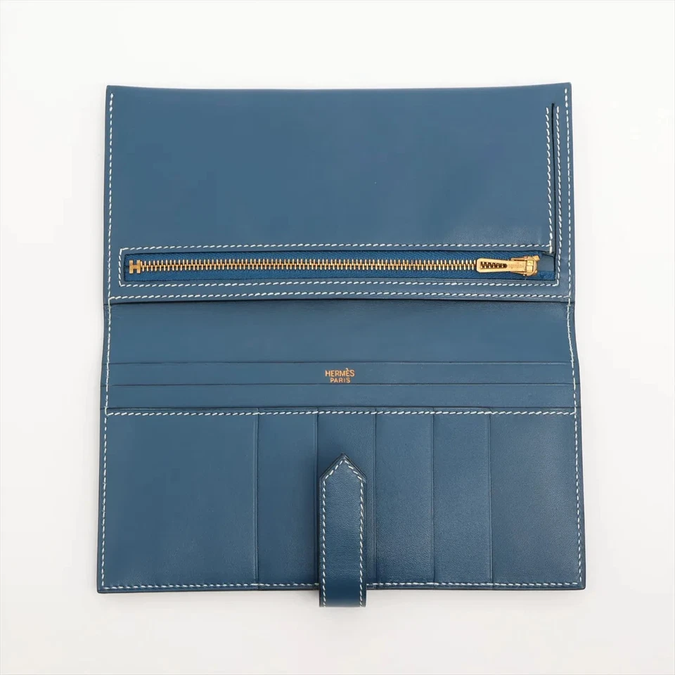 Hermès Bearn Box Calf Long Wallet Blue Gold Metal Fittings G Stamp 2003