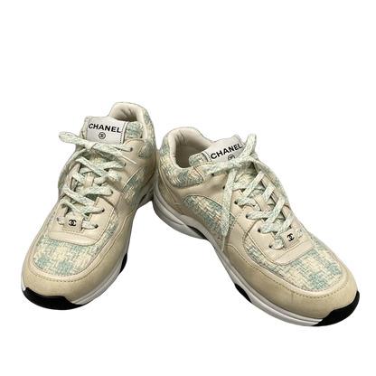 CHANEL Cream Light Green Tweeds Leather Suede Women's Sneakers