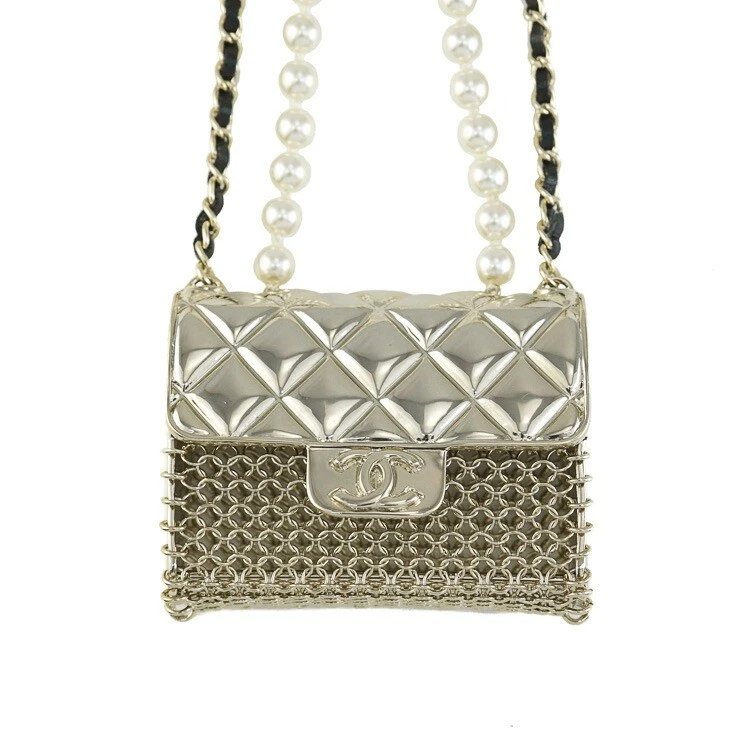 Chanel Matelasse Bag Necklace Faux Pearl Coco Mark Lambskin