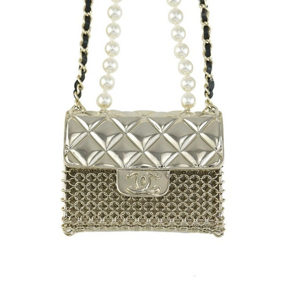 Chanel Matelasse Bag Necklace Faux Pearl Coco Mark Lambskin