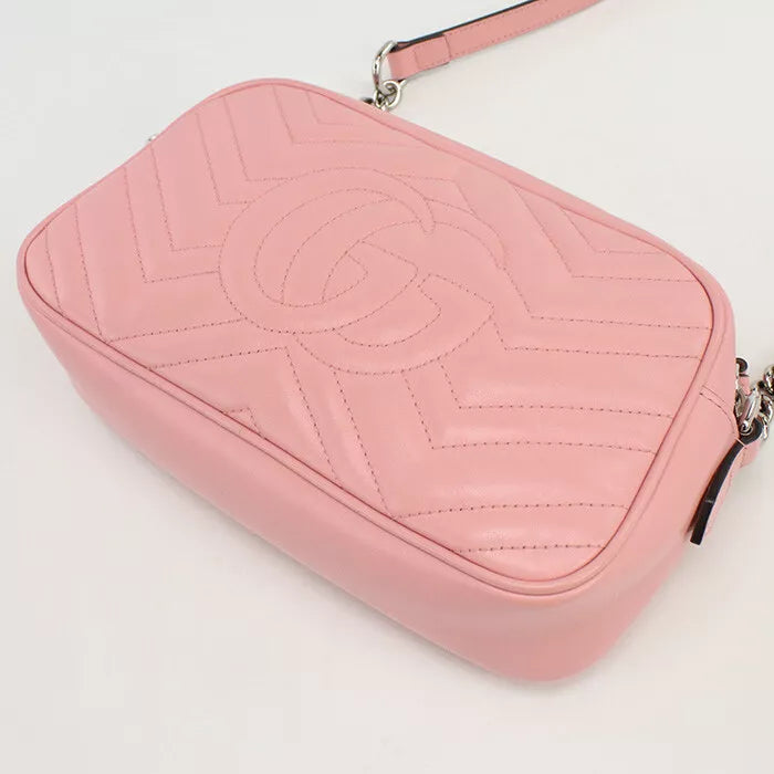 Auth GUCCI GG Marmont Diagonal Shoulder Bag In Pink Leather