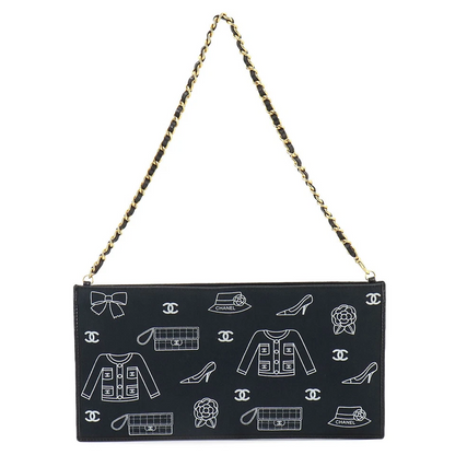 CHANEL Icon Print Chain Shoulder Bag Canvas Leather Black Purse
