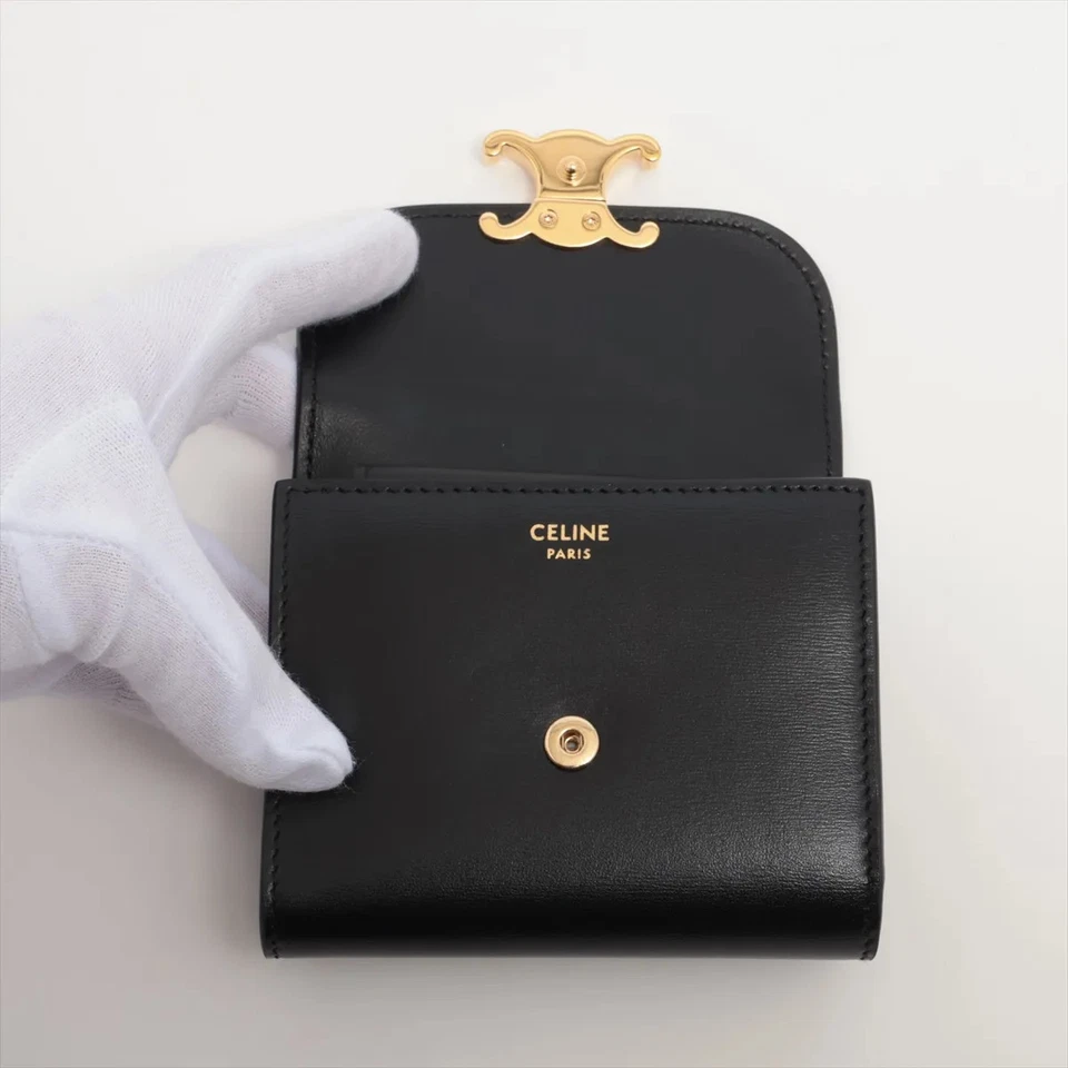 Celine Triomphe Small Flap Wallet Leather Compact Wallet Black