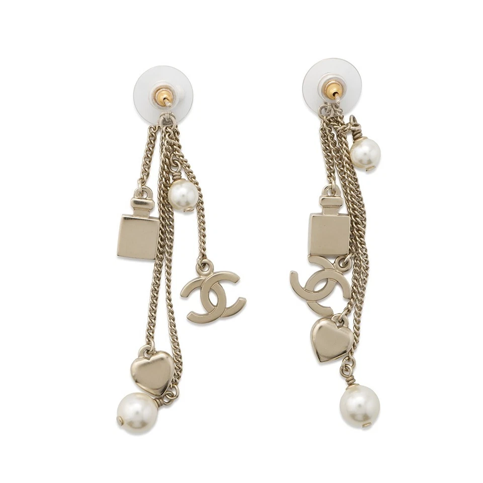 CHANEL CC Logo Perfume Bottle Heart Pearl Earrings Metal Faux Pearl Gold