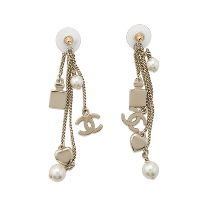 CHANEL CC Logo Perfume Bottle Heart Pearl Earrings Metal Faux Pearl Gold