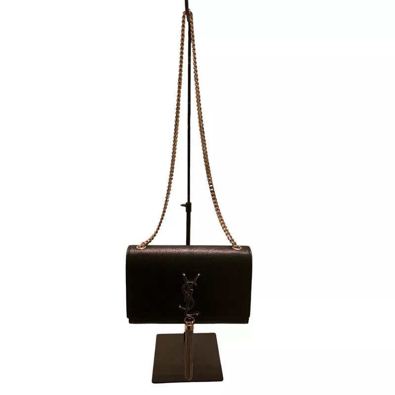 Auth SAINT LAURENT Kate Tassel Small Shoulder Bag In Black Grain Leather