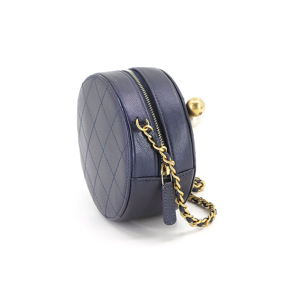 CHANEL Matelasse Round Chain Shoulder Bag Leather Navy Purse