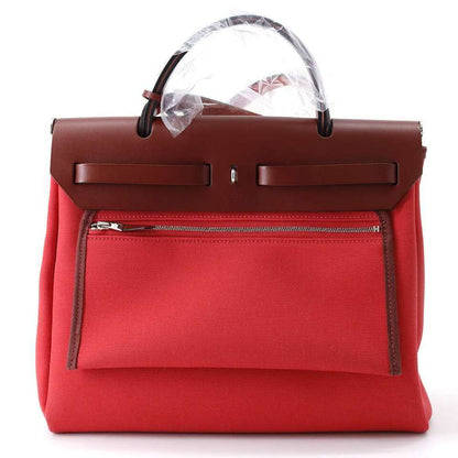 HERMES Herbag zip Size PM Toile Offiche / Vache Hunter Leather Rouge Piment/Rouge H