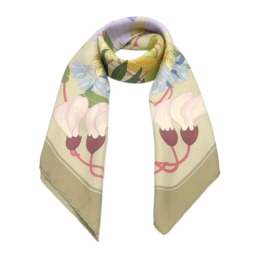 Hermes Carré 90 Flora Graeca Beige x Multicolor Silk Scarf