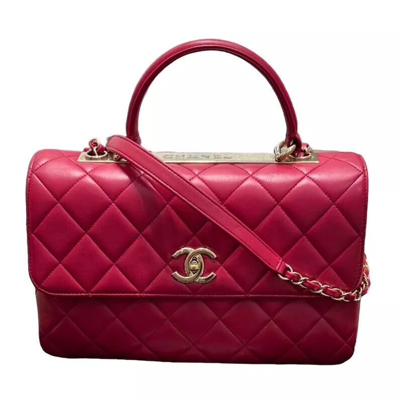 Auth CHANEL Trendy CC Top Handle Shoulder Bag Shocking Pink Calfskin