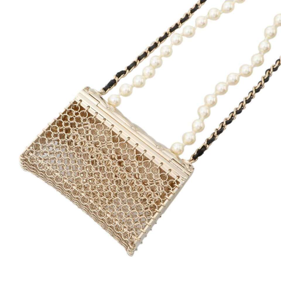 CHANEL Matelasse Bag Motif Long Pearl/Chain Necklace Metal Champagne Gold