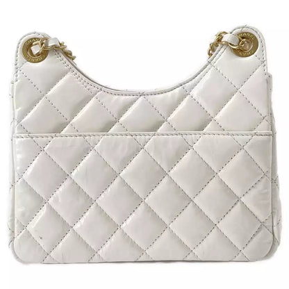 Authentic CHANEL Hobo Chain Shoulder Bag in White Shiny Calf Leather