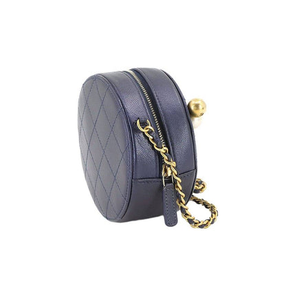 CHANEL Matelasse Round Chain Shoulder Bag Leather Navy Purse