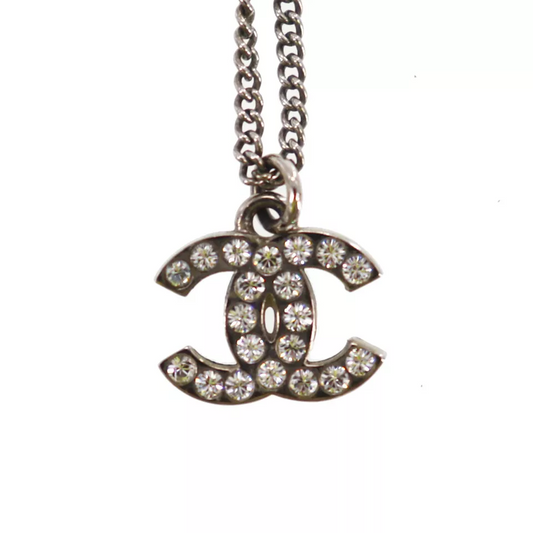 CHANEL Used CC Logos Rhinestones Necklace Pendant Silver F12 W France