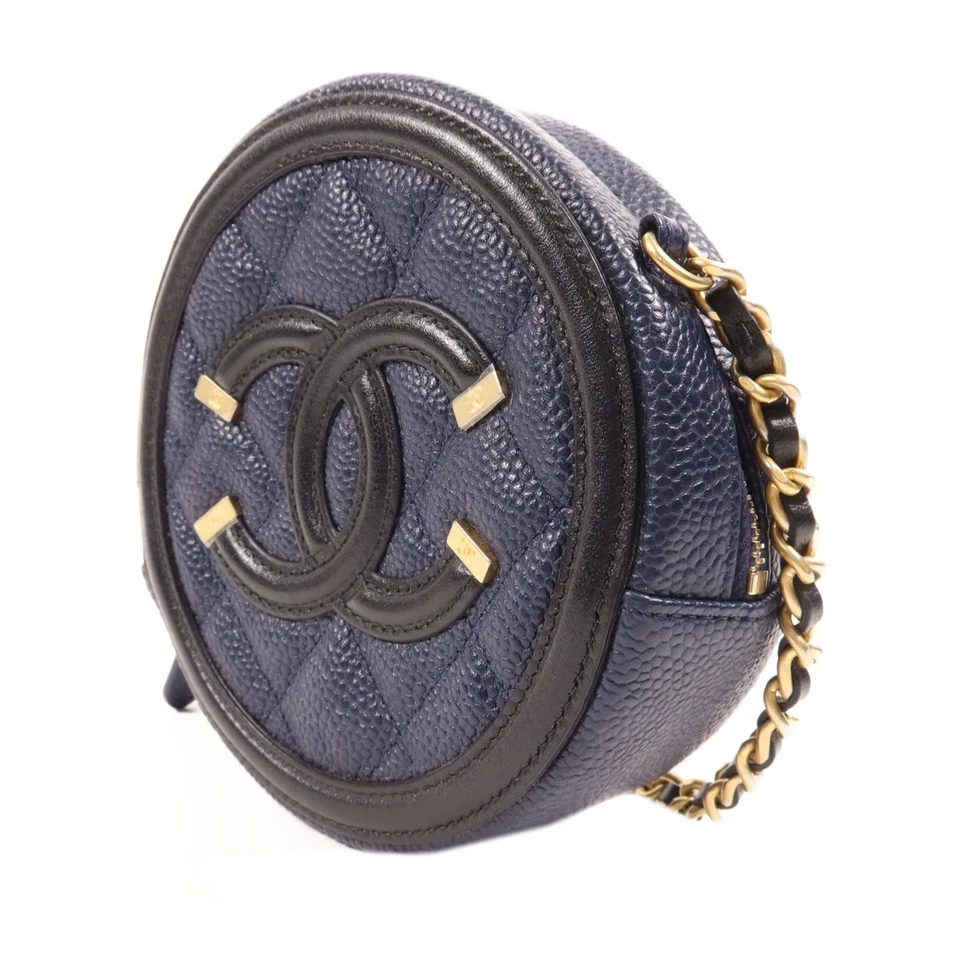 Chanel CC Filigree Round Chain Shoulder Bag in Navy & Black Calfskin (GHW)