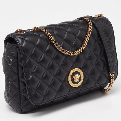 Versace Black Quilted Leather Medusa Chain Shoulder Bag