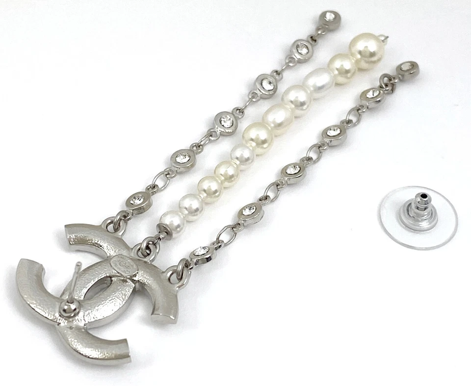 Chanel CC Rhinestone & Pearl Drop Stud Earrings in Silver Tone (C20S)