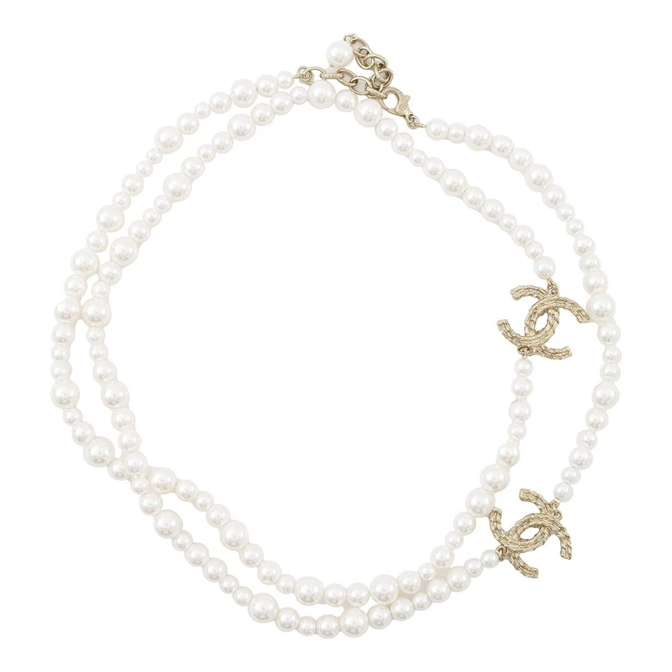 CHANEL Pearl Long Necklace Gold Plated Faux Pearl Rhinestone Champagne Gold