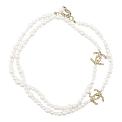 CHANEL Pearl Long Necklace Gold Plated Faux Pearl Rhinestone Champagne Gold