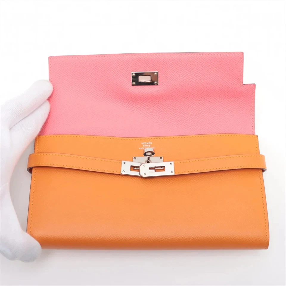 Hermès Kelly Wallet Veau Epsom Wallet Orange x Pink Silver Metal D Stamp