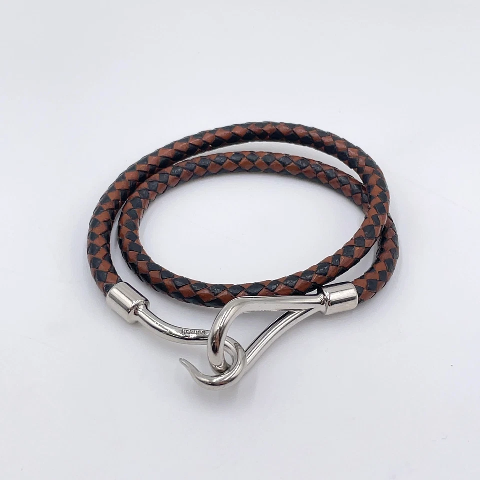 Hermès Double Jumbo SV Bracelet in Silver/Black-Brown Braided Leather