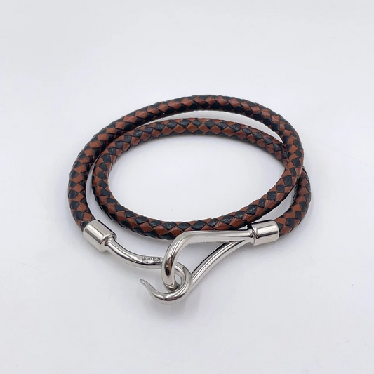 Hermès Double Jumbo SV Bracelet in Silver/Black-Brown Braided Leather