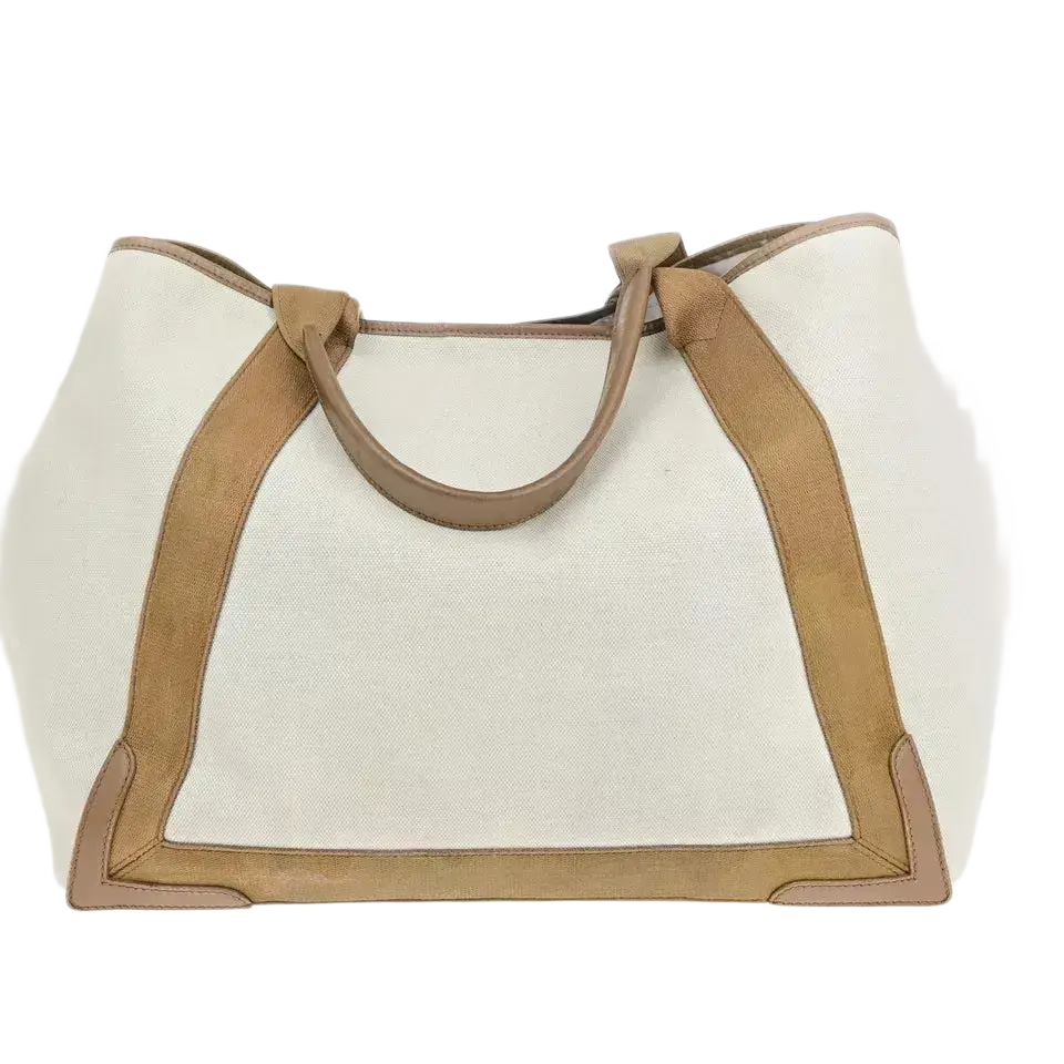BALENCIAGA Logo Navy Cabas Shoulder Tote Bag – Ivory Brown Canvas/Leather