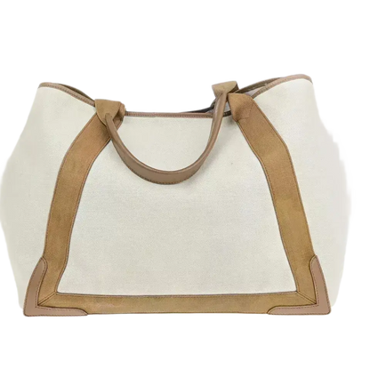 BALENCIAGA Logo Navy Cabas Shoulder Tote Bag – Ivory Brown Canvas/Leather